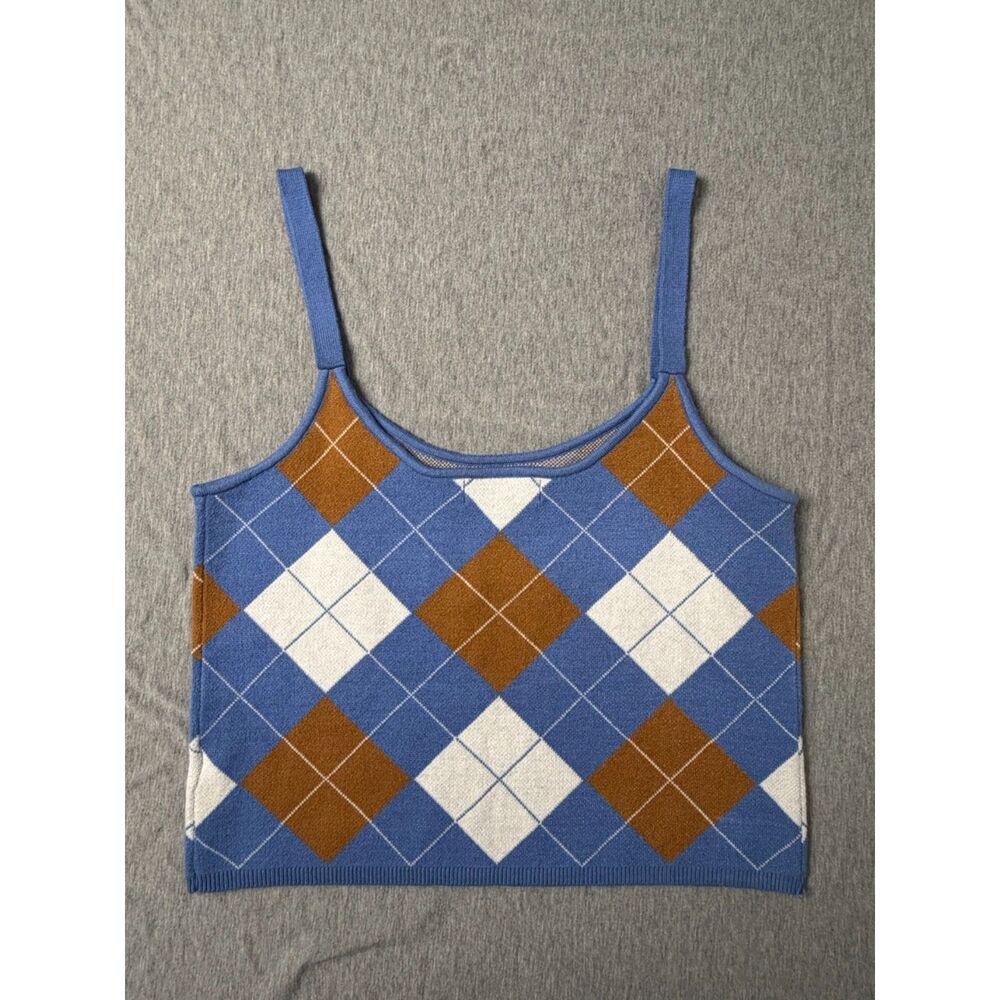 Willow & Wind Womens Crop Tank Top Size XL Argyle Knit Blue Brown Preppy